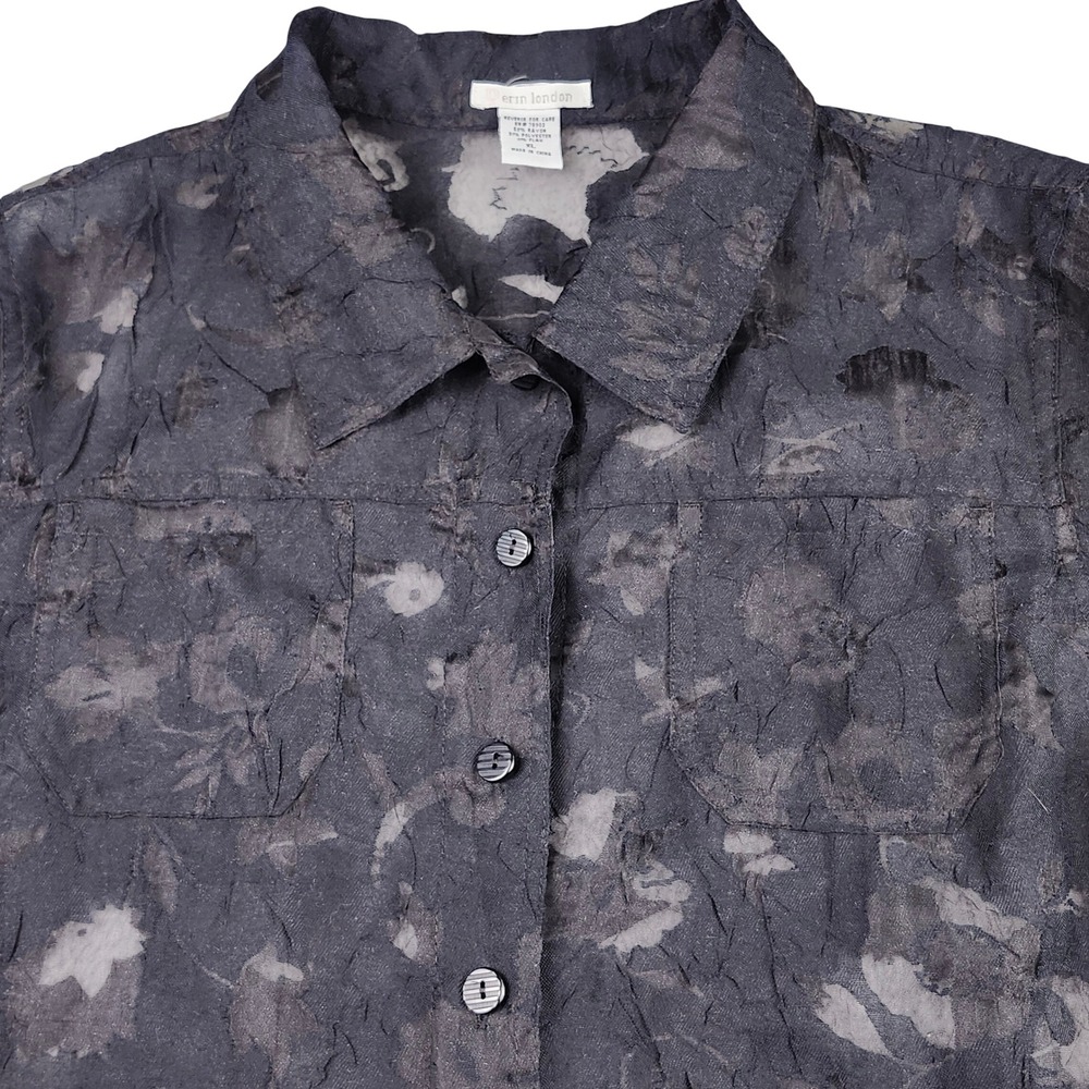 Erin London Button Up Shirt Womens XL Tunic Top Black Sheer Floral Crinkle Boho